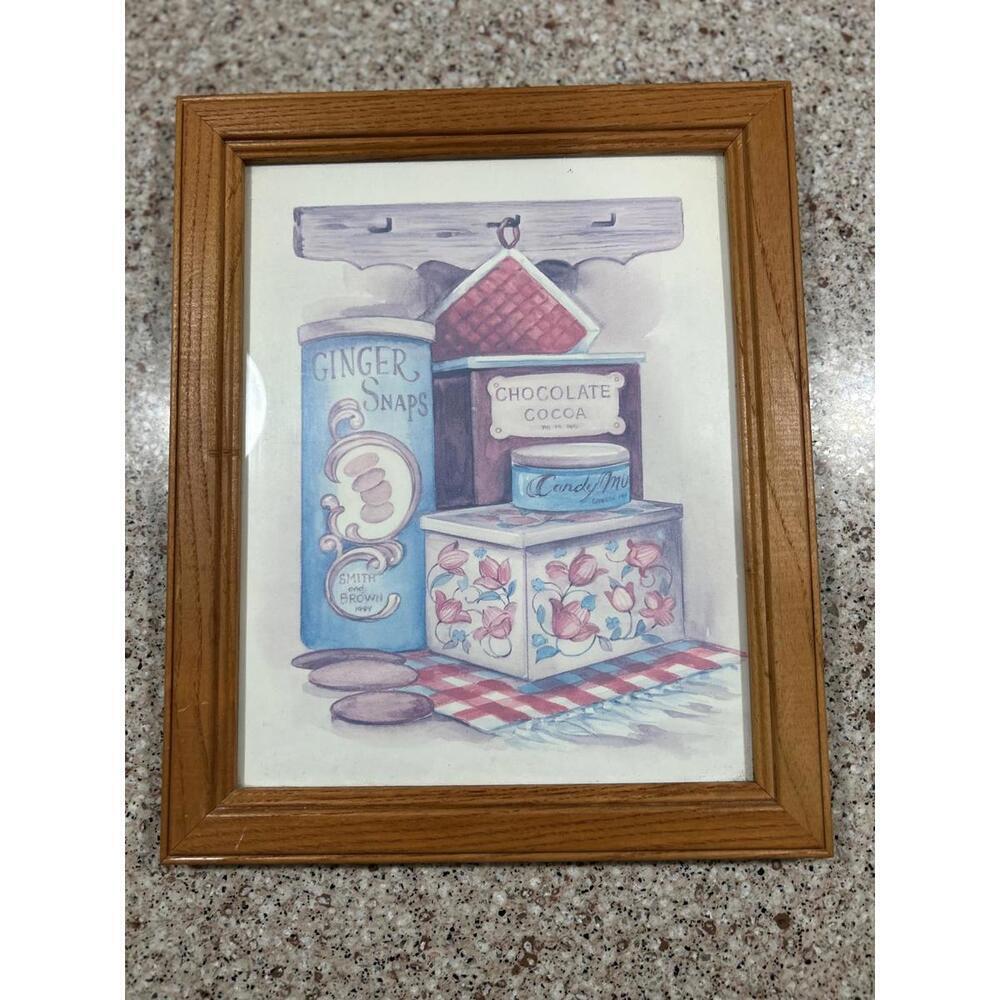 Framed art print,still life of kitchen canisters on a shelf